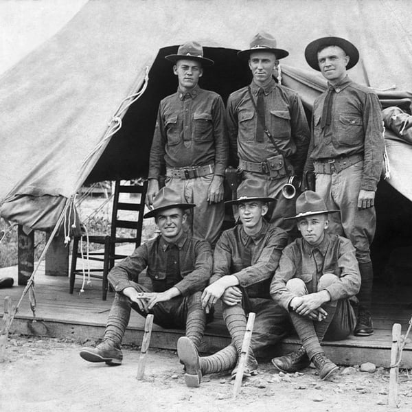 photography restoration six men at tent after