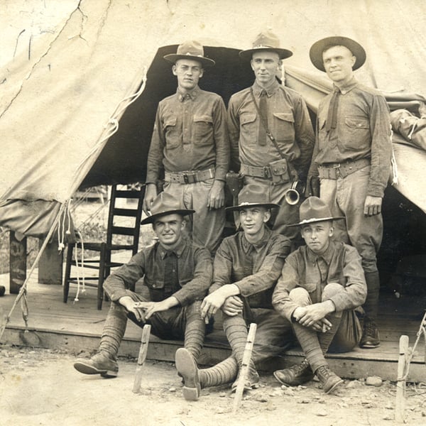 photography restoration six men at tent before