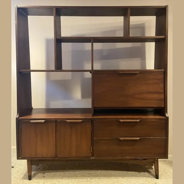 mid century modern furniture restoration walnut wall unit before